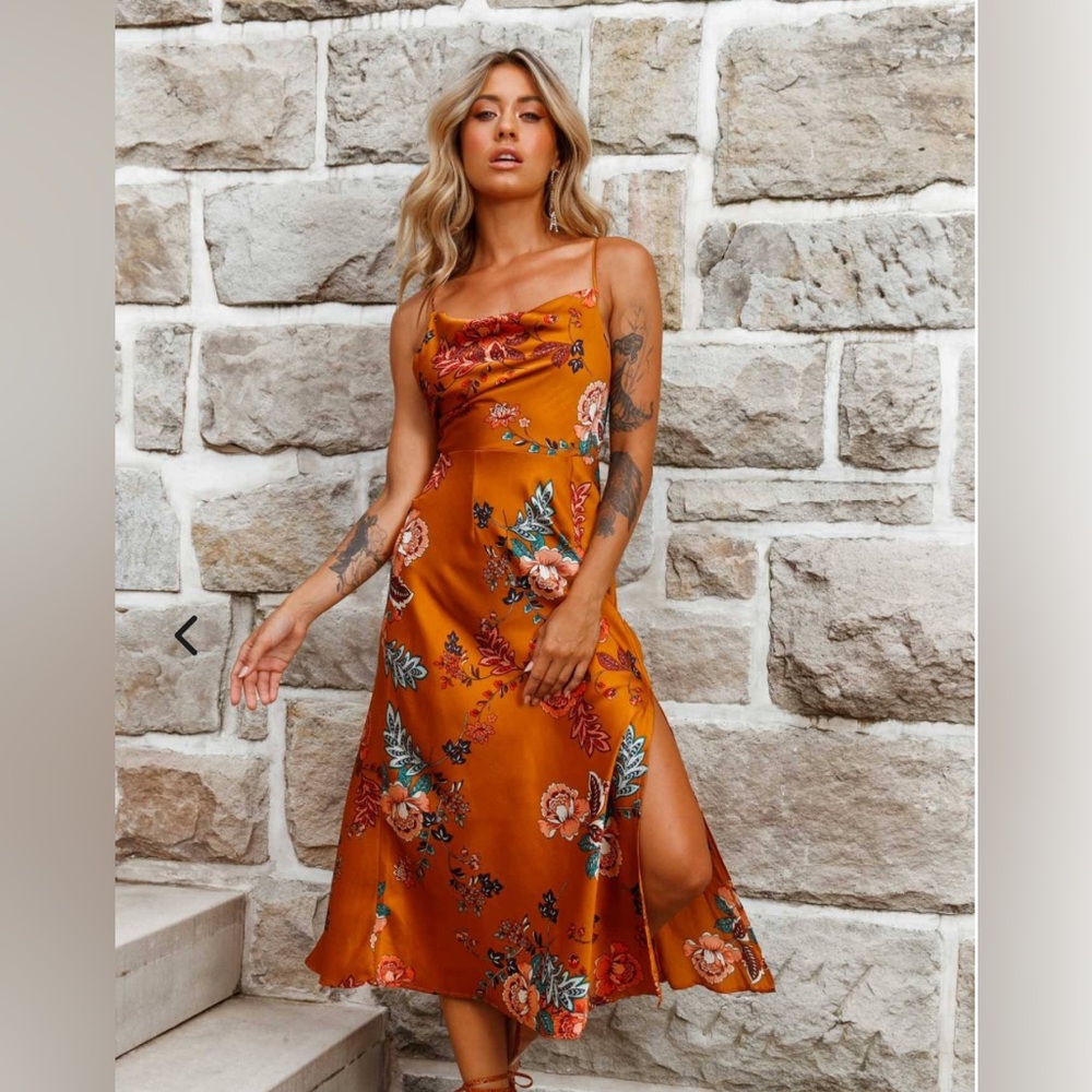 SELFIE LESLIE | Floral Print Midi Dress | With Slit | Orange Summer Dress